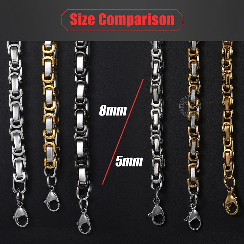 Davieslee Mens Necklace Chains Black Gold Silver Color Byzantine Box Link Stainless Steel Chain Neckalace for Men 5/6/8mm LKNM17