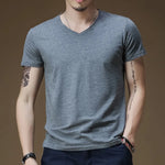 New Mens Summer Pure Color V Collar Tights Slim Fit Short Sleeved T Shirt Tops Tees Fitness Clothes Basic Casual Male T-shirt