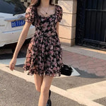 Women Floral Print Sweet Puff Sleeve Korean Preppy Style High Waist Mini Dress Students Girl Summer Elegant Square Neck Vestidos