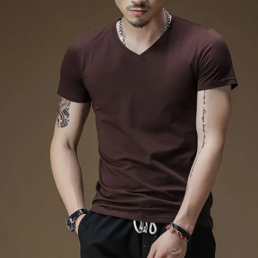 New Mens Summer Pure Color V Collar Tights Slim Fit Short Sleeved T Shirt Tops Tees Fitness Clothes Basic Casual Male T-shirt