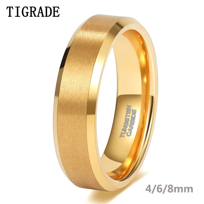 Tigrade Gold Plated Wedding Ring for Women 2/4/6/8mm Wide Brushed Tungsten Mens ring Luxury Anniversary Jewelry for Couple Gift